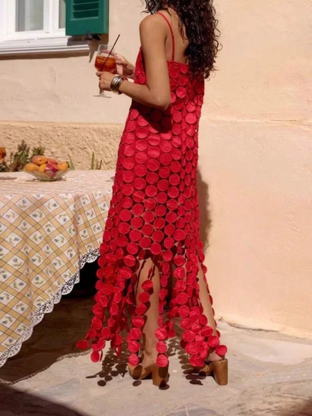 Red Sexy Women's Beach Slip Dress with Strap and 3D Circular Disc Fringe Hem - Picture 2 of 4